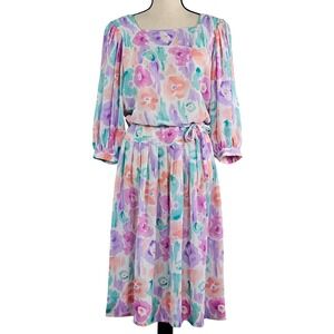 Willi of California‎ Womens Floral Watercolor Midi Dress Belted 10 Vintage 80s